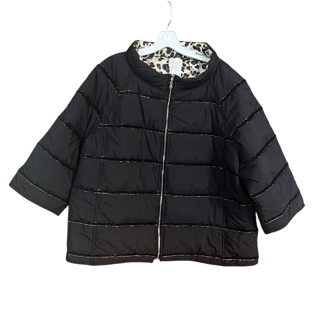 Chico's Black Gold Stripe Animal Print Reversible 3/4 Sleeve Puffer Jacket SZ 3